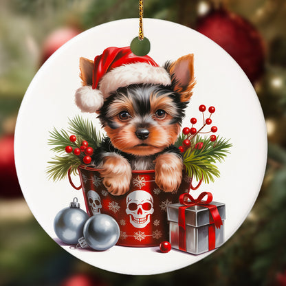 Netecom Cute Yorkshire Terrier Puppy in Bucket Ornament, Dog with Santa Hat Ceramic Ornament for Christmas Tree Hanging Decorations Gift, Pet Lover Gifts, Home Decor, Holiday Party Present