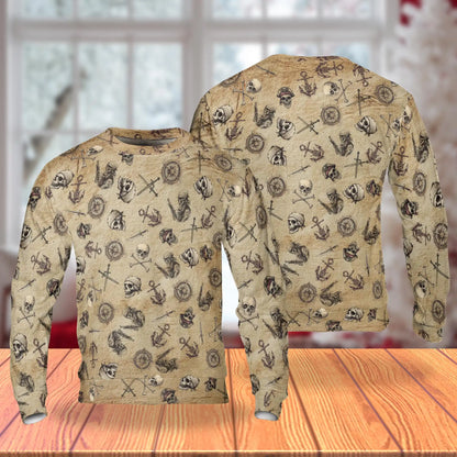 Pirate Skull Print Polyester Sweatshirt, 3D All Over Print Nautical Skull Crewneck Pullover for Men Women, Pirate Lover Gift - Netecom