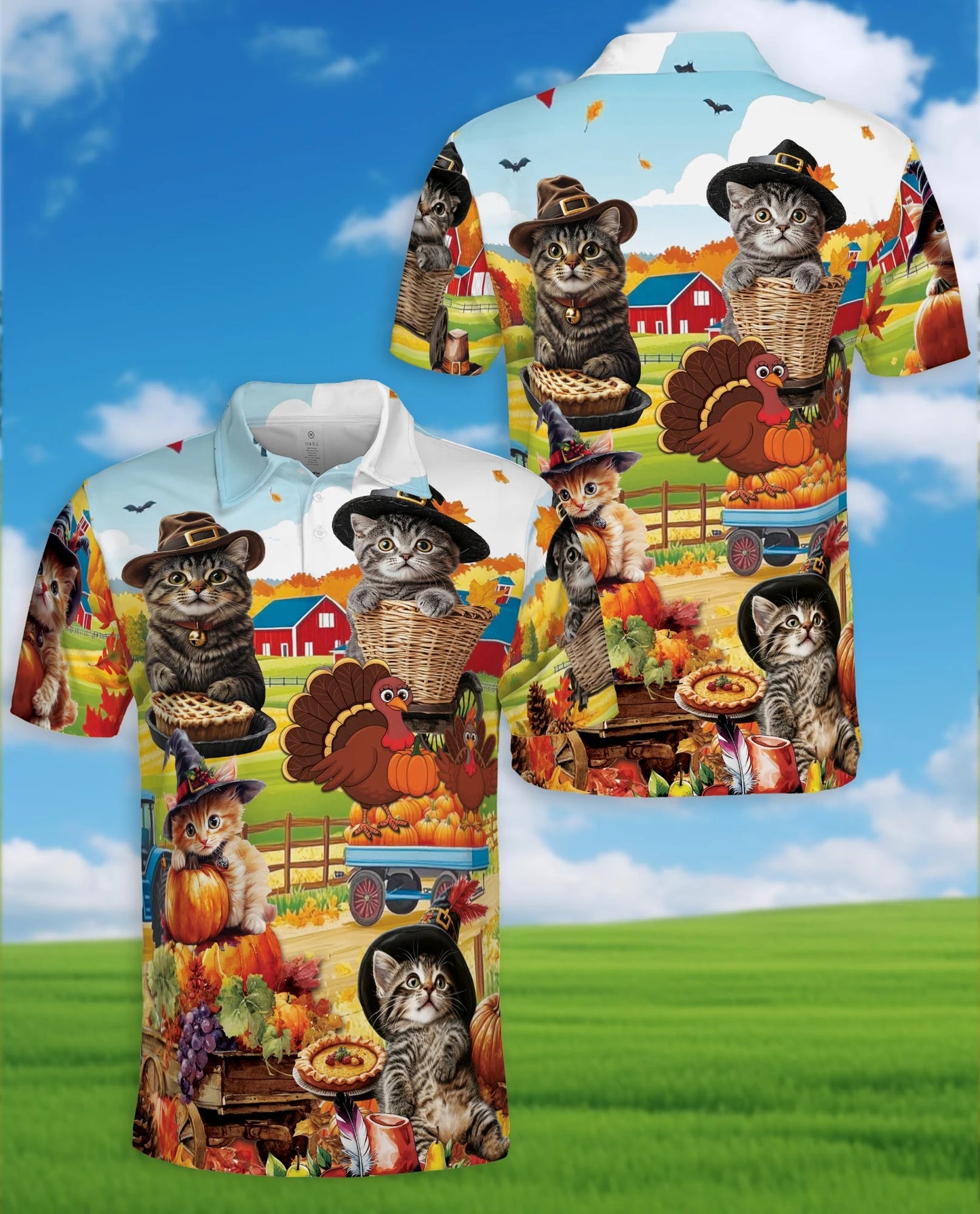 Thanksgiving Cat Polo Shirt for Men – Cute Fall Holiday Style | Netecom