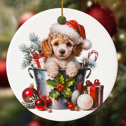 Netecom Cute Poodle in Bucket Ornament, Dog with Santa Hat Ceramic Ornament for Christmas Tree Hanging Decorations Gift, Puppy Lover Gifts, Home Decor, Holiday Party Present