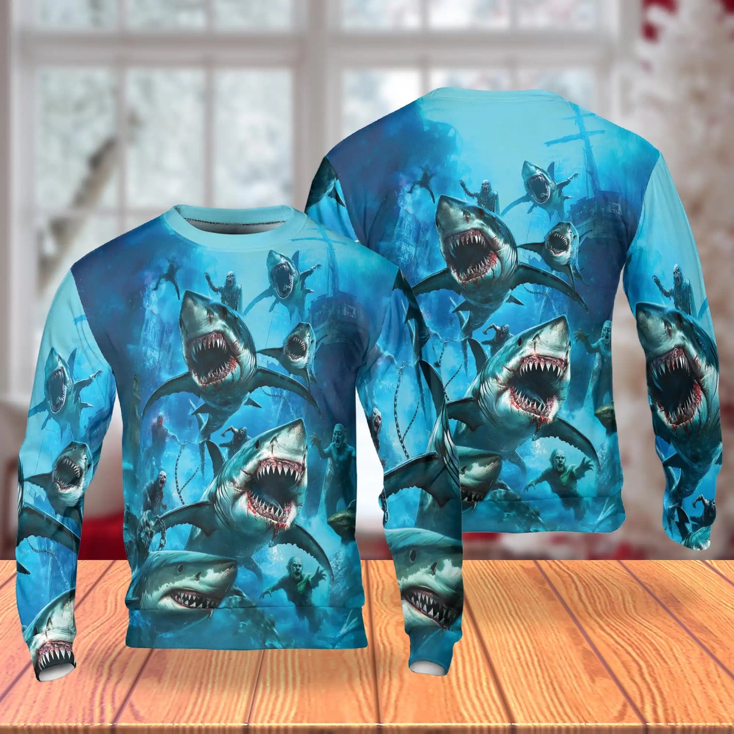 Sharks and Zombies War Sweatshirt, 3D All Over Print Horror Ocean Crewneck Pullover for Men Women, Shark Lover Gift - Netecom