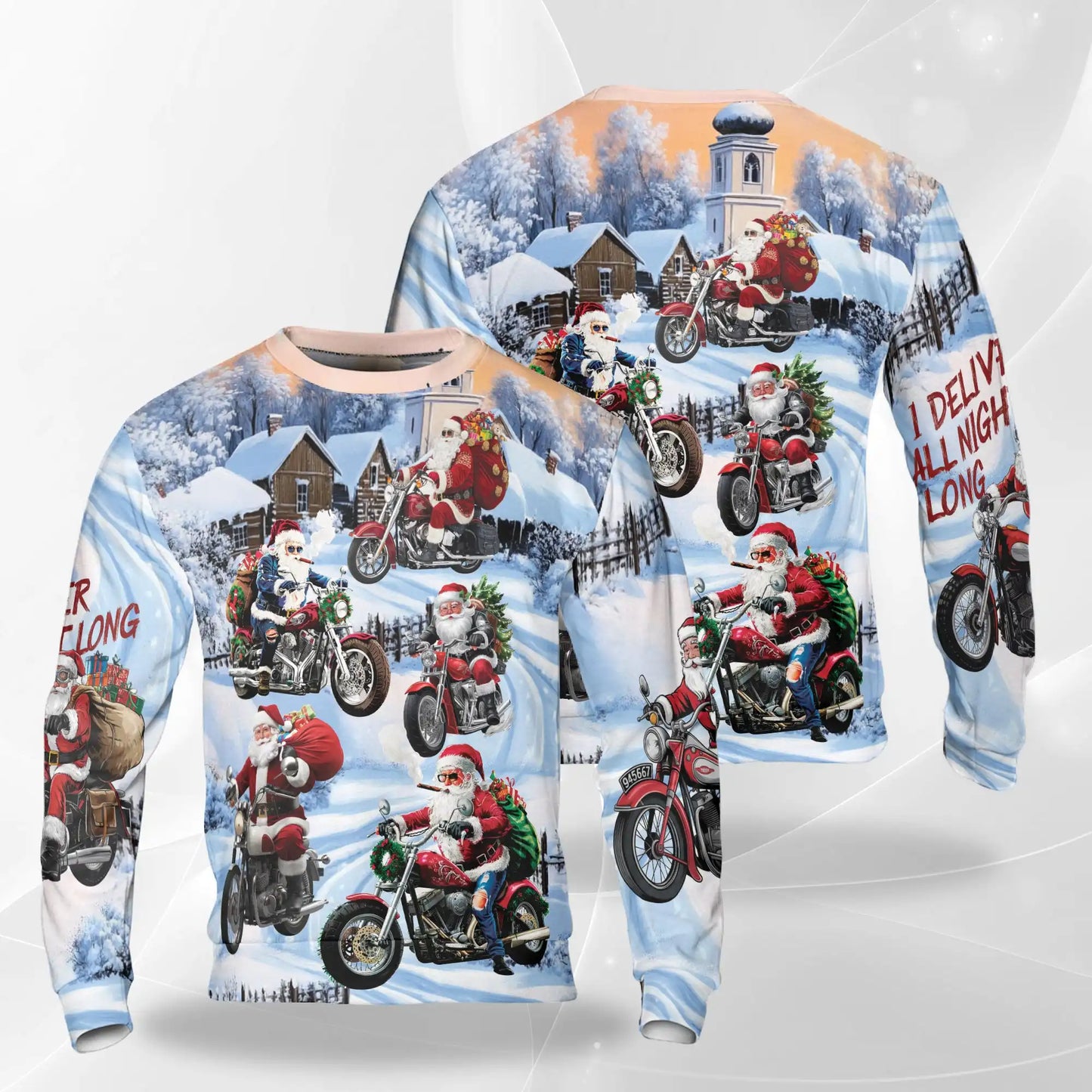 Biker Santa Christmas Sweatshirt, 3D All Over Print Motorcycle Holiday Crewneck Pullover for Men Women, Santa Rider Gift - Netecom