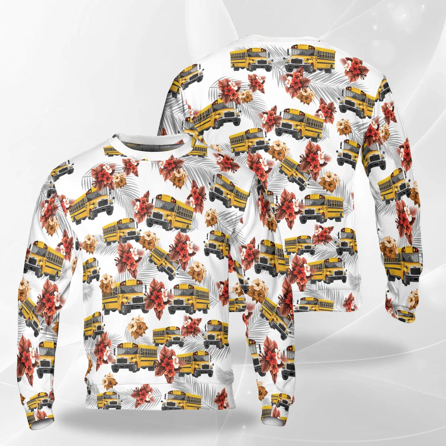 Yellow School Bus Tropical Floral Sweatshirt, 3D All Over Print Summer Travel Crewneck Pullover for Men Women, School Bus Lover Gift - Netecom