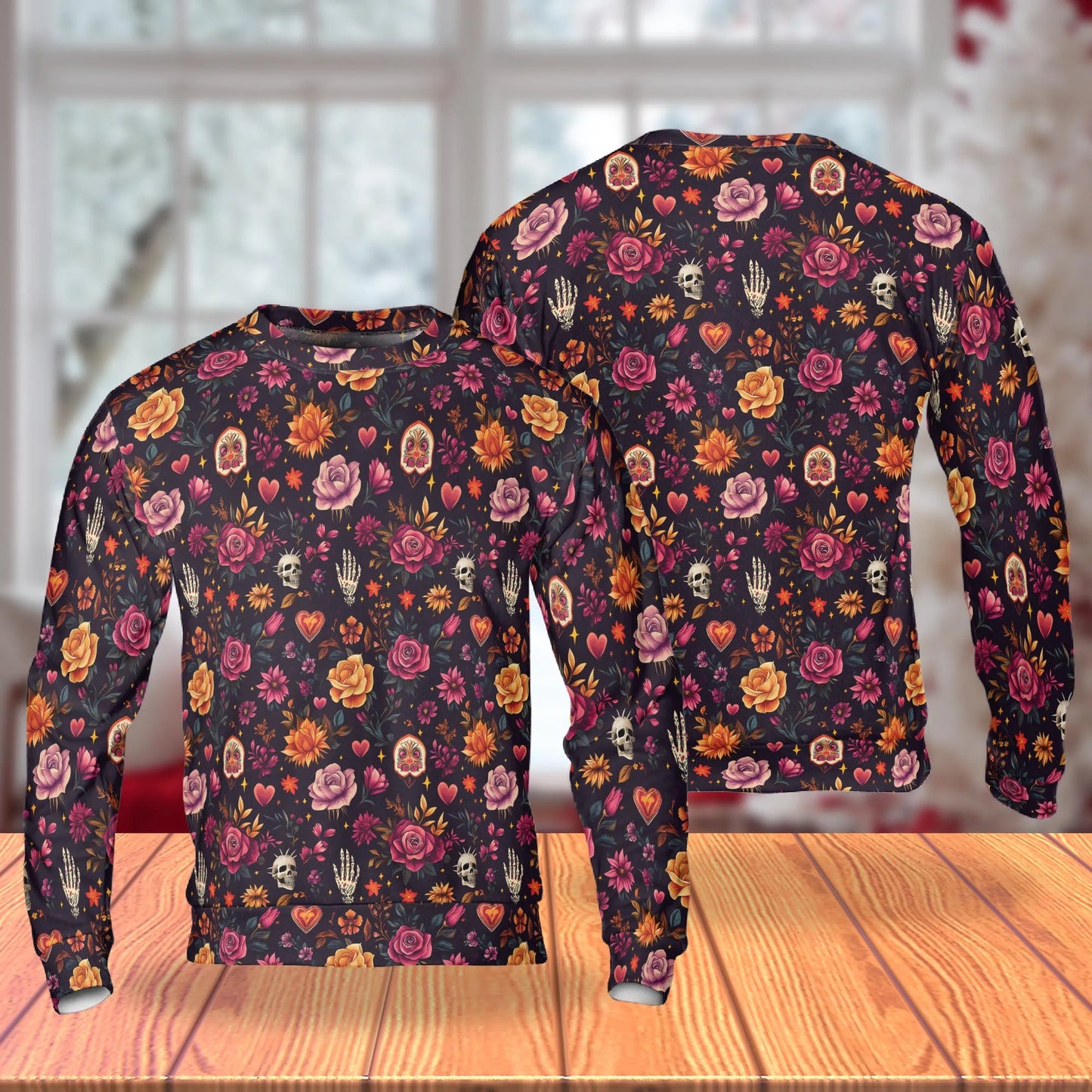 Skull and Hand Bones Floral Pattern Sweatshirt, 3D All Over Print Gothic Flower Crewneck Pullover for Men Women, Skull Art Lover Gift - Netecom