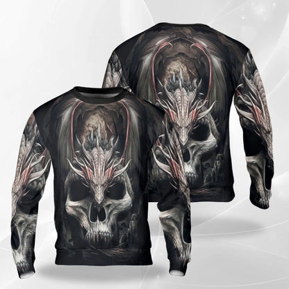 Gothic Dragon Skull Sweatshirt, 3D All Over Print Dark Fantasy Crewneck Pullover for Men Women, Dragon Lover Gift - Netecom