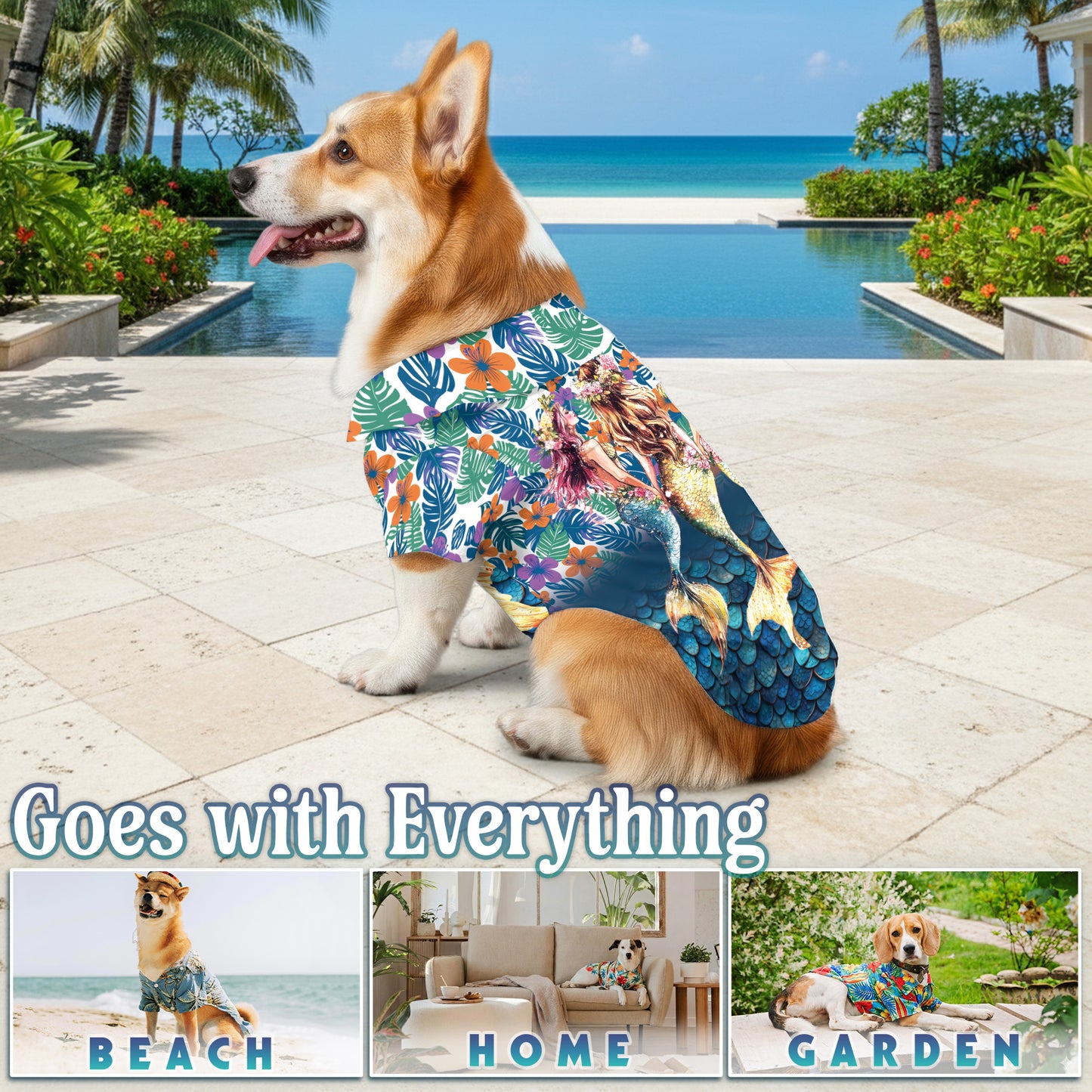 Netecom Matching Mermaid Aloha Hawaiian Shirt for Dog and Owner, Ocean Theme Summer Button Down Shirt, Cute Pet and Human Matching Look, Relaxed Beach Vacation Casual Wear
