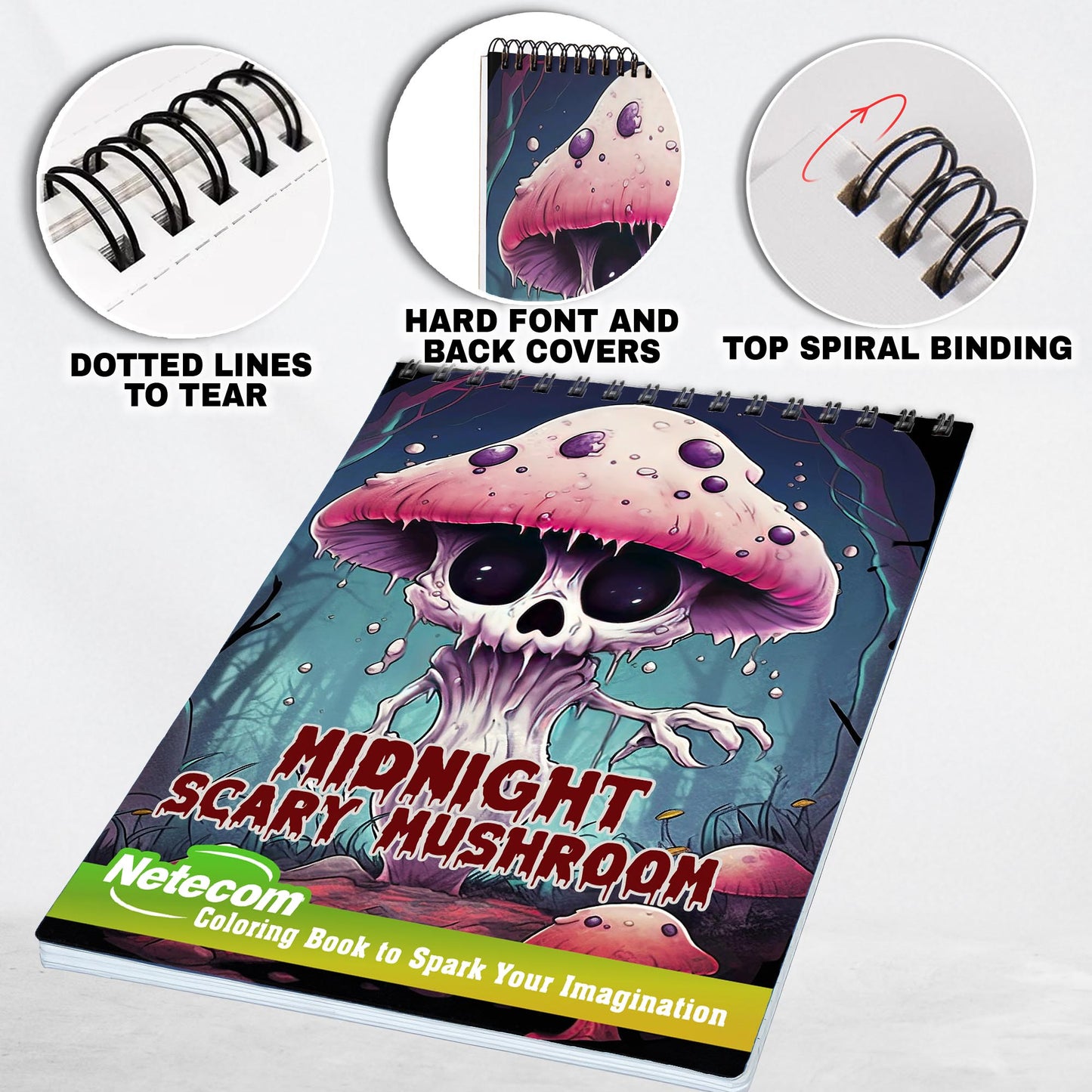 Midnight Scary Mushroom Spiral Bound Coloring Book, Dive into 30 Haunting Coloring Pages, Capturing the Sinister Beauty of Scary Mushrooms