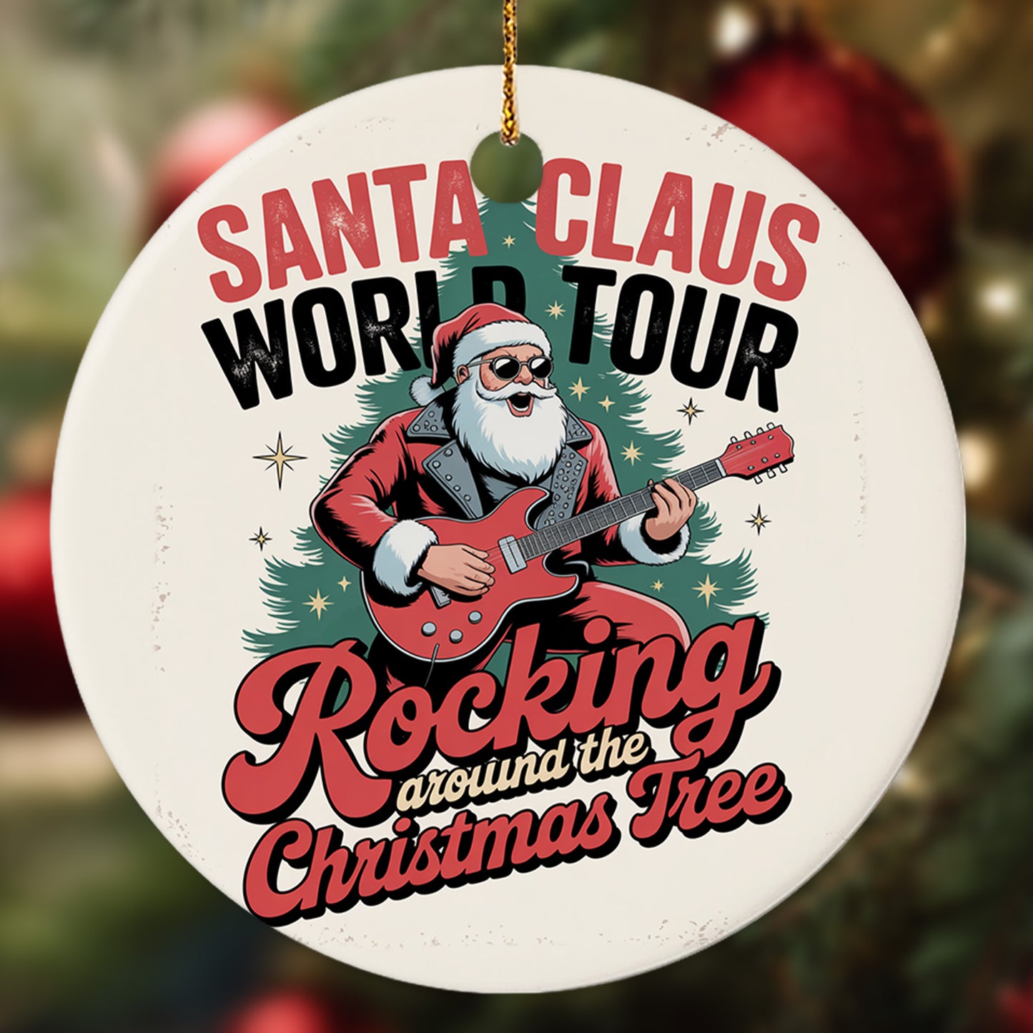Netecom Rockin' Santa Plays Guitar Christmas Ornament, Santa Claus Playing Musical Instrument Ceramic Ornament for Xmas Tree Hanging Decorations Gift, Music Lover Gifts, Holiday Party Present