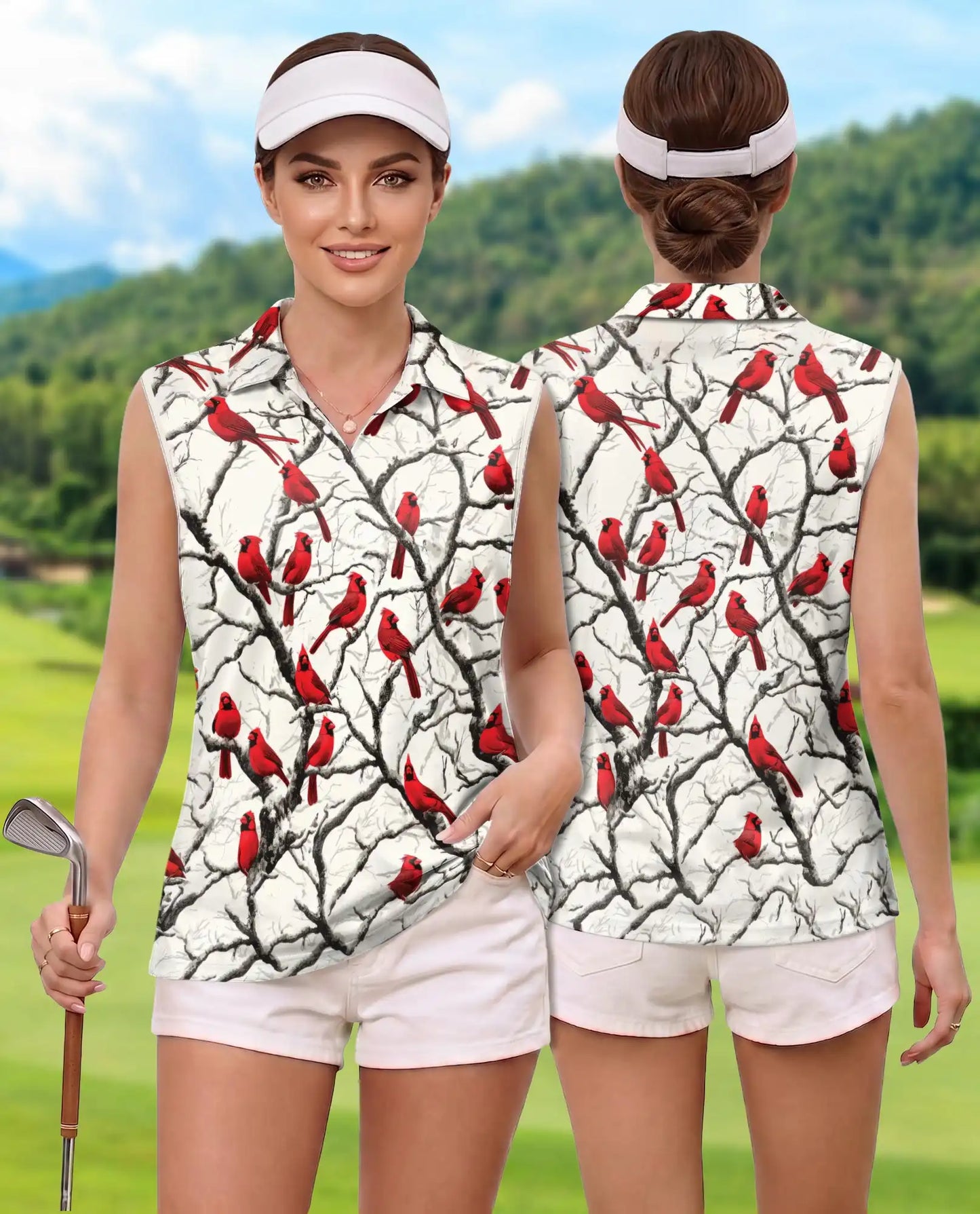 Red Cardinals Sleeveless Polo Shirt for Women – Elegant Bird Nature Style | Netecom