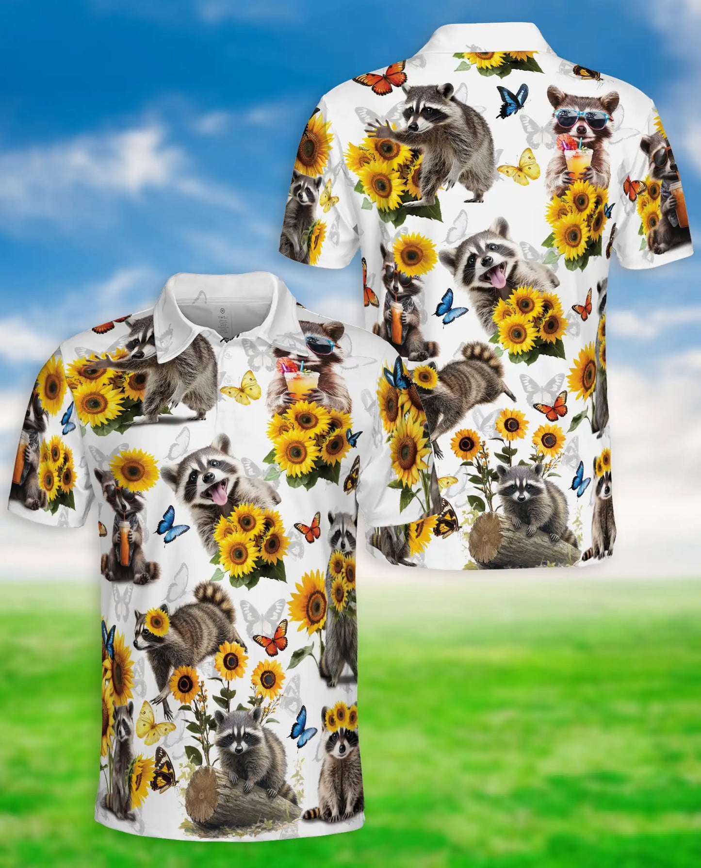Raccoon Sunflower 3D Polo Shirt for Men – Cute Animal Nature Style | Netecom