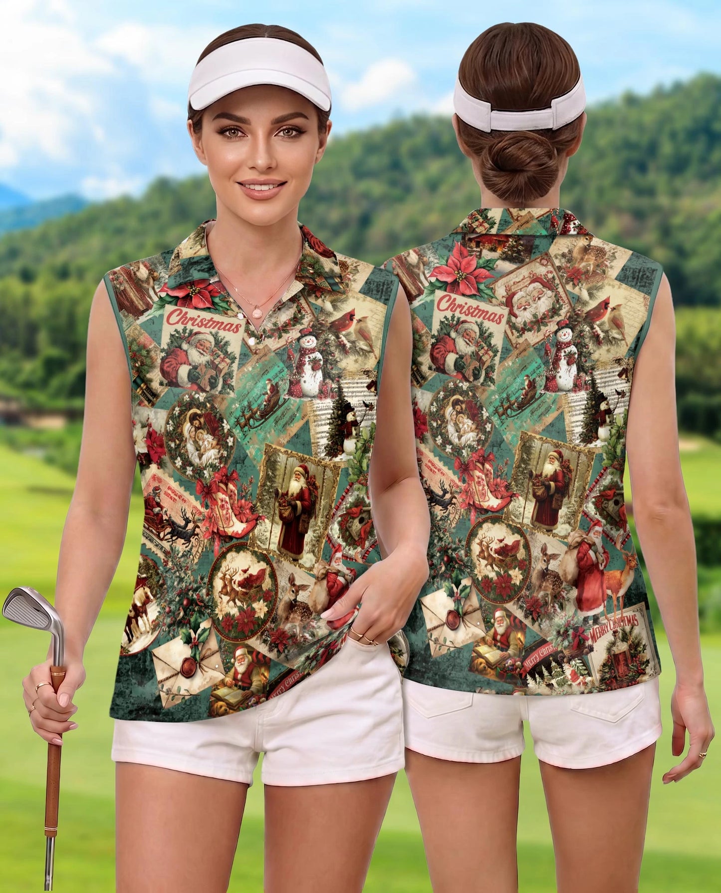 Vintage Christmas Collage Sleeveless Polo Shirt for Women | Netecom