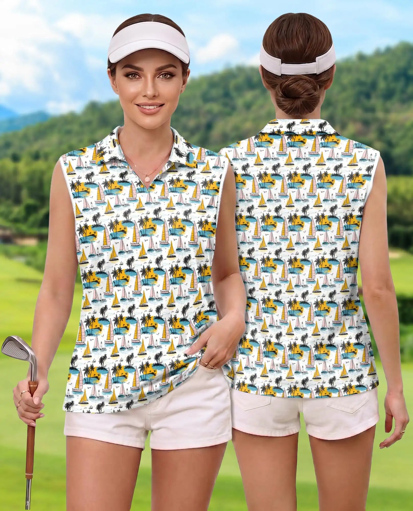 Tropical Sailboat And Palm Tree Pattern Sleeveless Polo Shirt for Women | Netecom