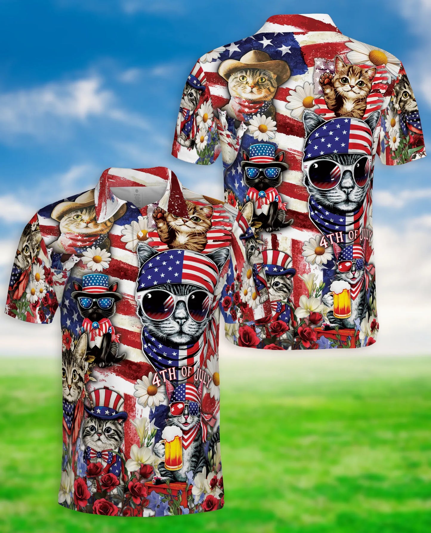 Patriotic Cat 3D Polo Shirt for Men – 4th of July USA Flag Style | Netecom