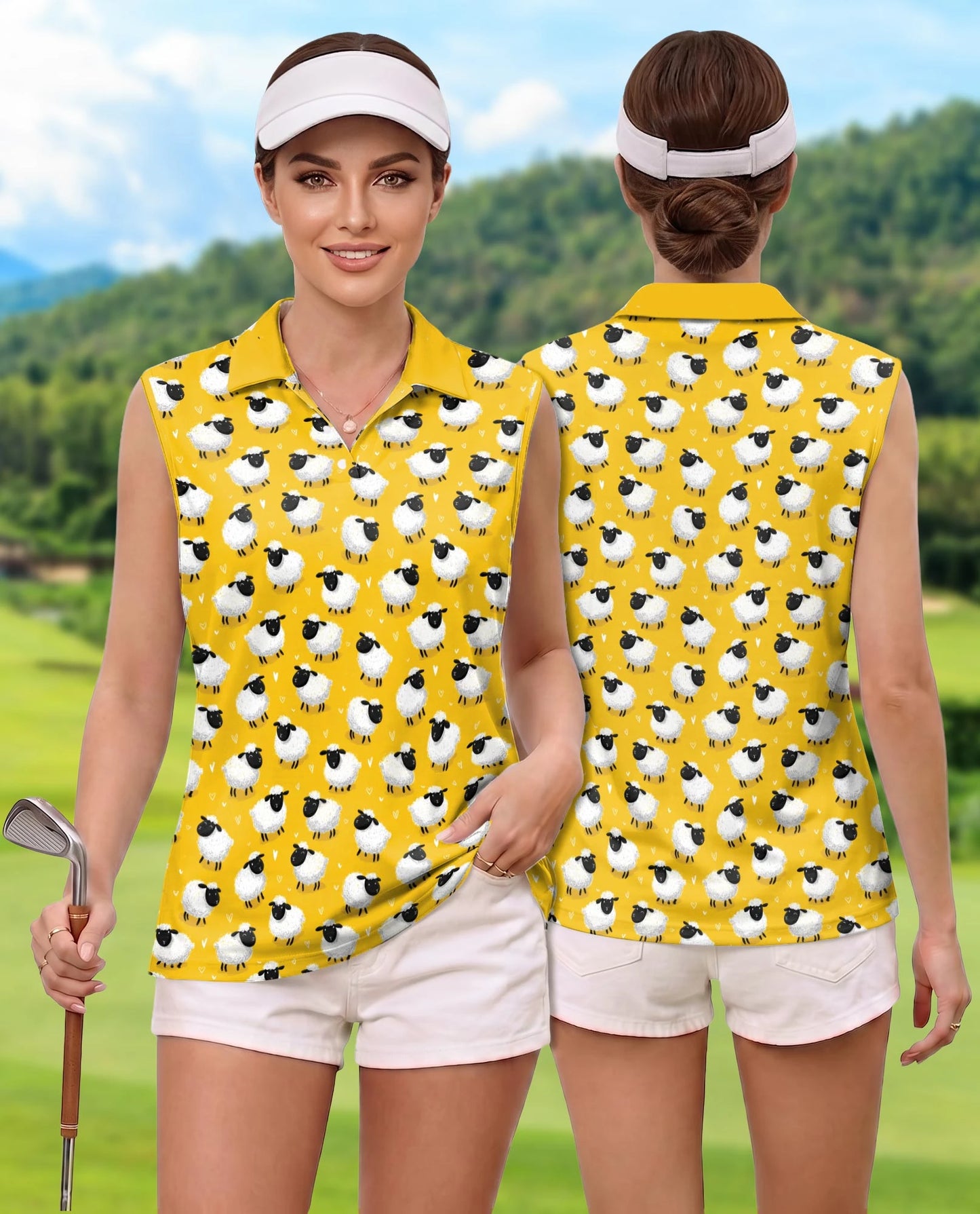 Cute Sheep Sleeveless Polo Shirt for Women – Adorable Farm Animal Style | Netecom
