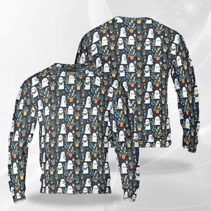Ghost in Greenhouse Sweatshirt, 3D All Over Print Spooky Botanical Crewneck Pullover for Men Women, Halloween and Plant Lover Gift - Netecom