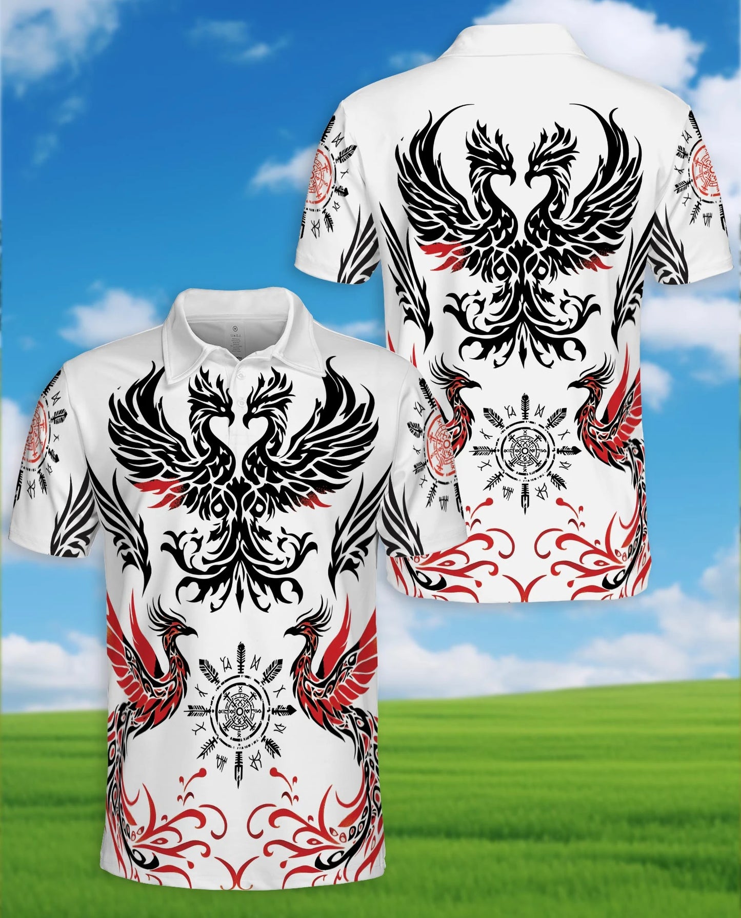 Symmetrical Phoenix Polo Shirt for Men – Mythical Fire Bird Style | Netecom
