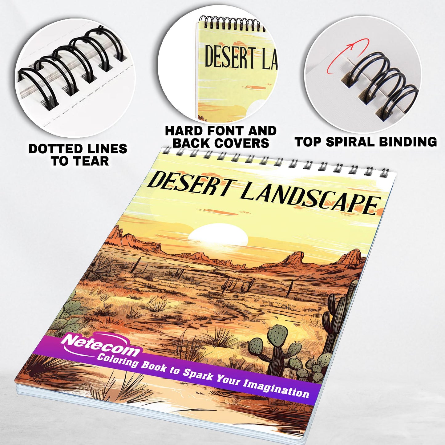 Desert Landscape Spiral Bound Coloring Book, Explore 30 Intriguing Coloring Pages, Depicting the Warmth and Radiance of Sun-Kissed Deserts with their Unique Rock Formations and Sand Dunes