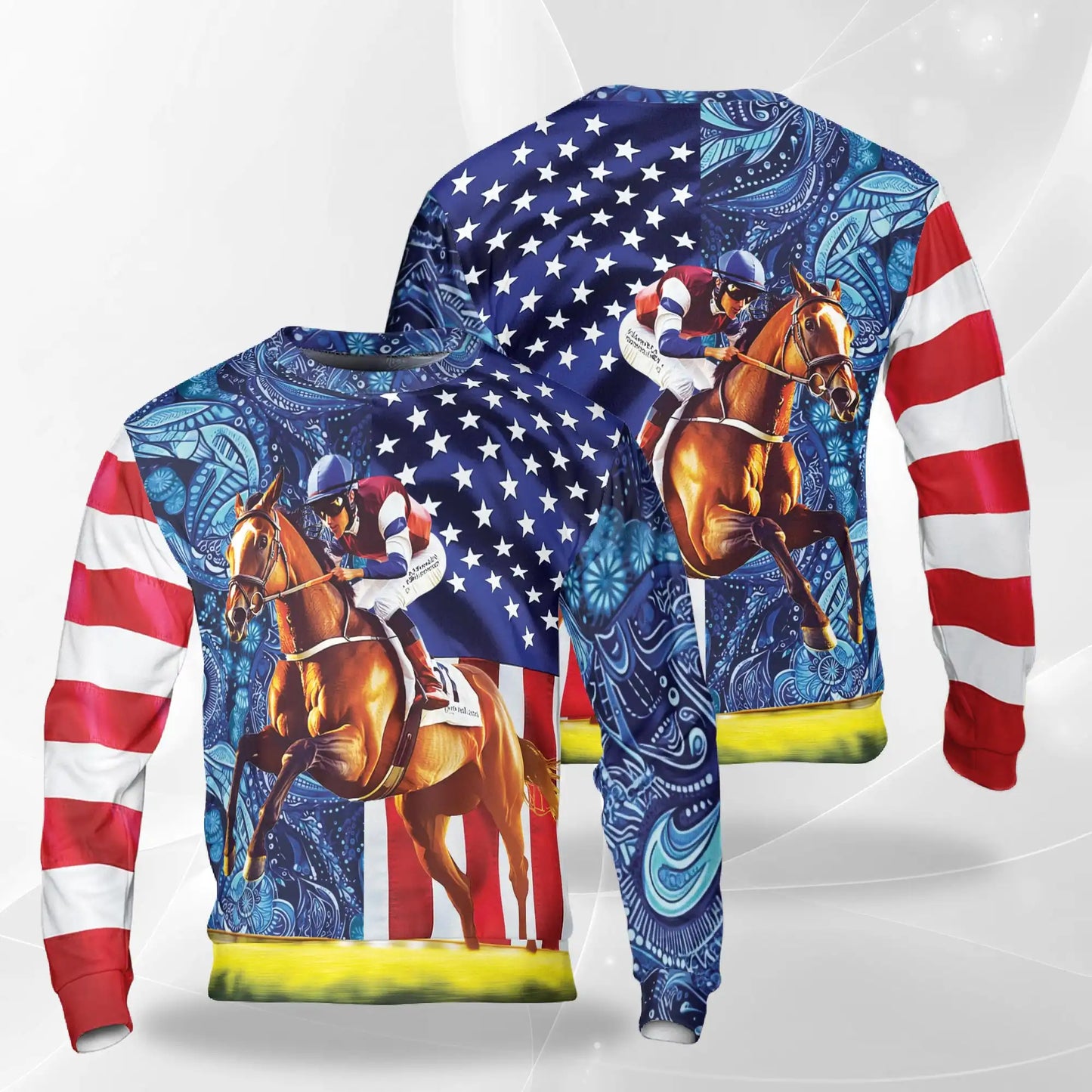 USA Flag Horse Racing Sweatshirt, 3D All Over Print Patriotic Equestrian Crewneck Pullover for Men Women, Horse Racing Lover Gift - Netecom