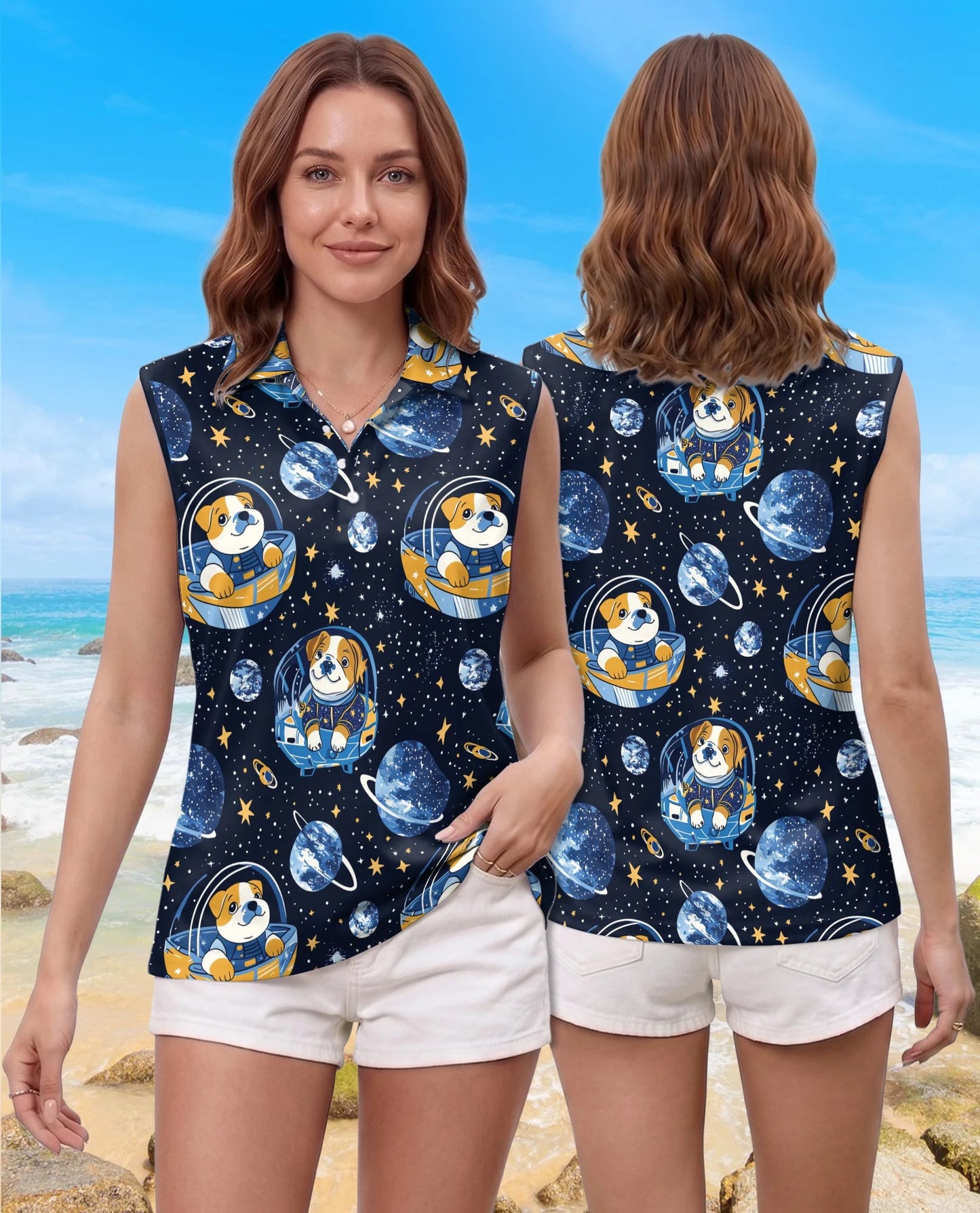 Space English Bulldog Astronaut Sleeveless Polo Shirt for Women | Netecom