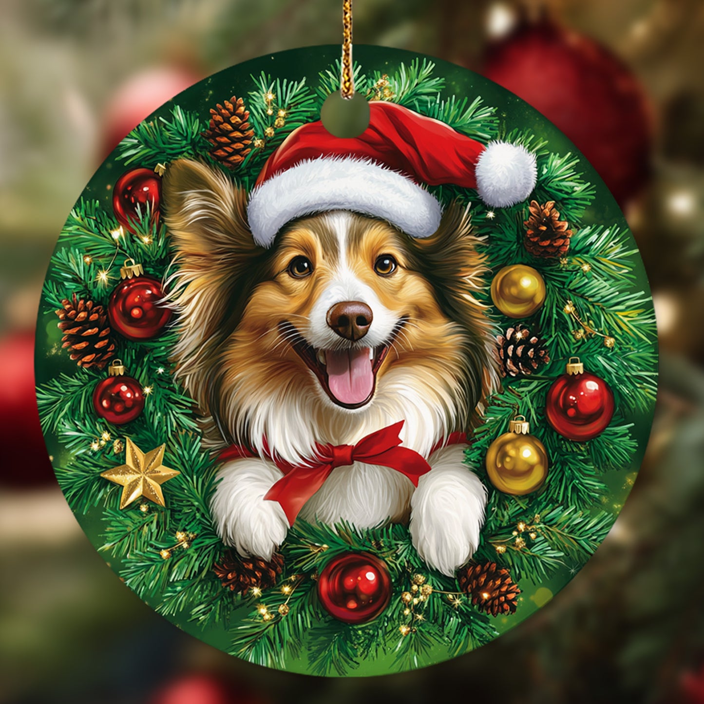 Netecom Funny Shetland Sheepdog Christmas Ornament, Dog Santa Hat Ceramic Ornament for Xmas Tree Hanging Decorations Gift, Puppy Lover Gifts, Home Decor, Holiday Party Present