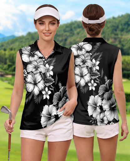 Black And White Hibiscus Sleeveless Polo Shirt for Women – Tropical Floral Style | Netecom