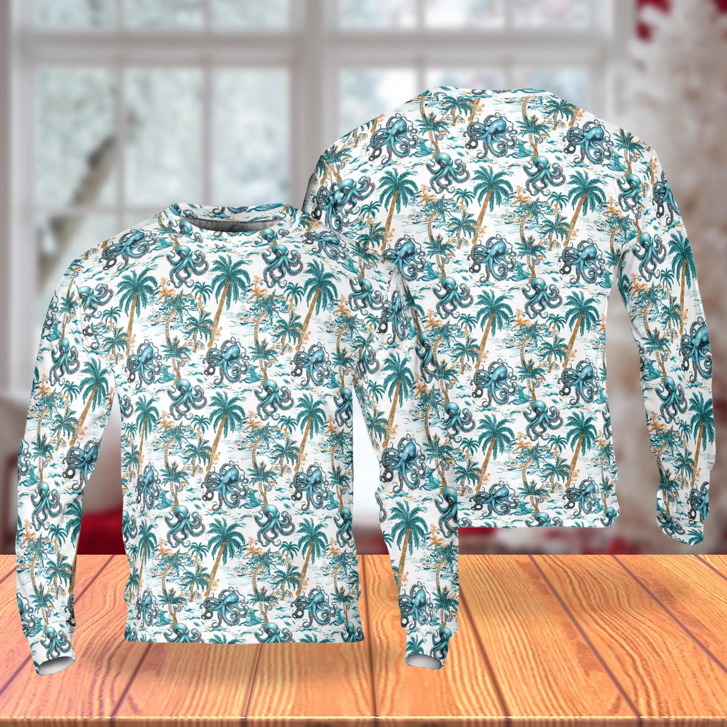 Octopus Coconut Tree Pattern Sweatshirt, 3D All Over Print Tropical Ocean Crewneck Pullover for Men Women, Octopus Lover Gift - Netecom