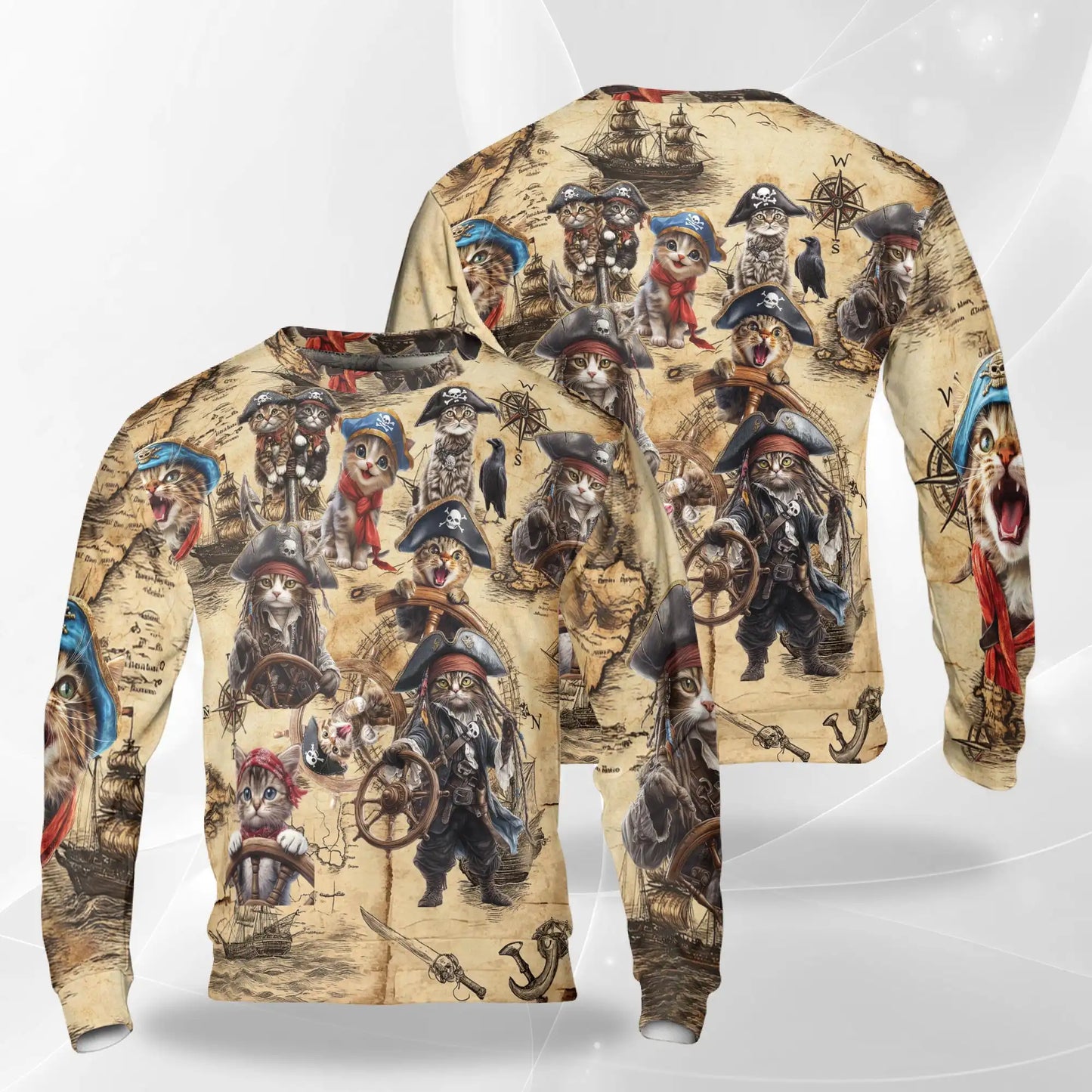 Colorful Pirate Cat Sweatshirt, 3D All Over Print Funny Cat Crewneck Pullover for Men Women, Pirate Cat Lover Gift - Netecom