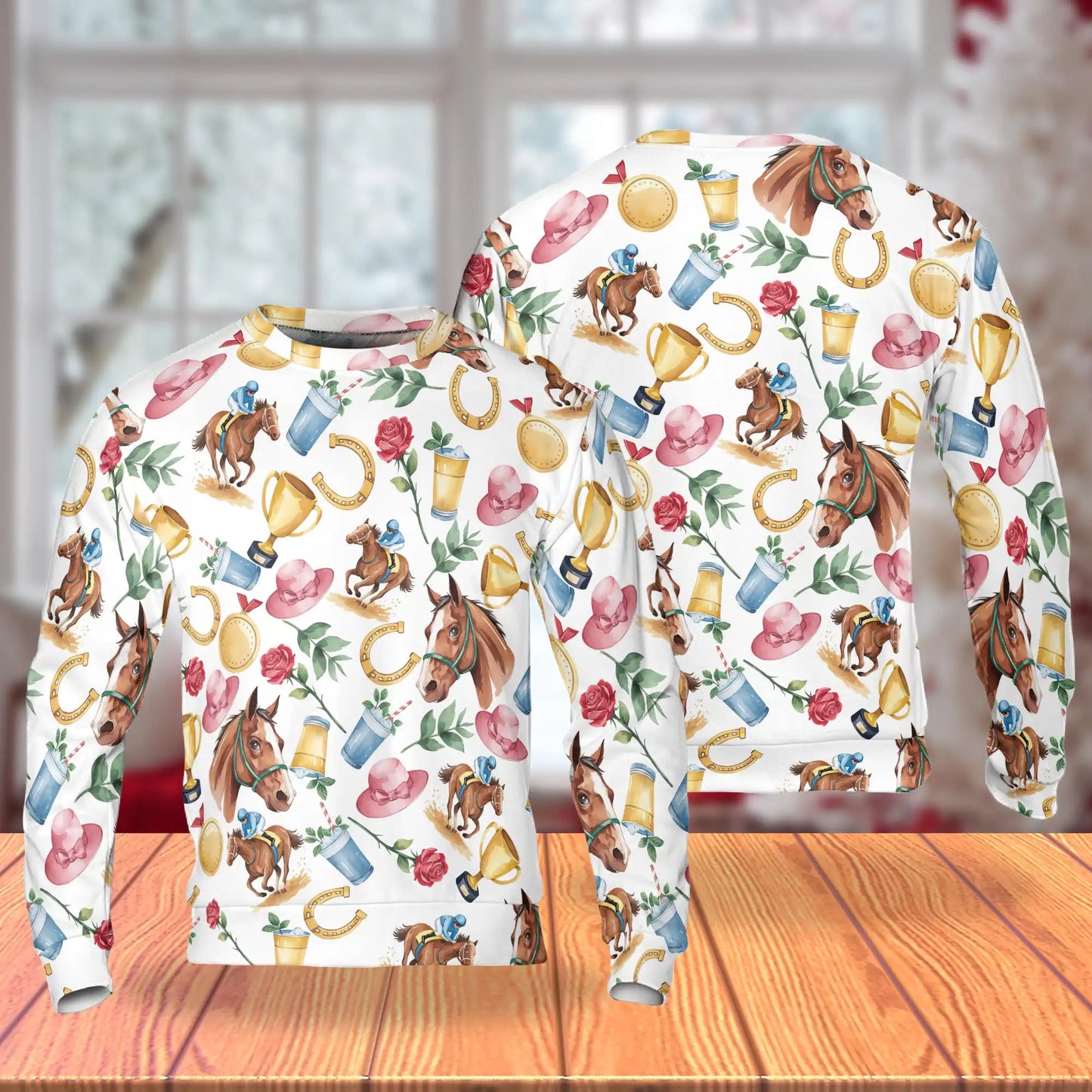 Horse Racing Elements Pattern Sweatshirt, 3D All Over Print Equestrian Sports Crewneck Pullover for Men Women, Horse Racing Lover Gift - Netecom