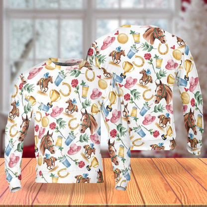 Horse Racing Elements Pattern Sweatshirt, 3D All Over Print Equestrian Sports Crewneck Pullover for Men Women, Horse Racing Lover Gift - Netecom