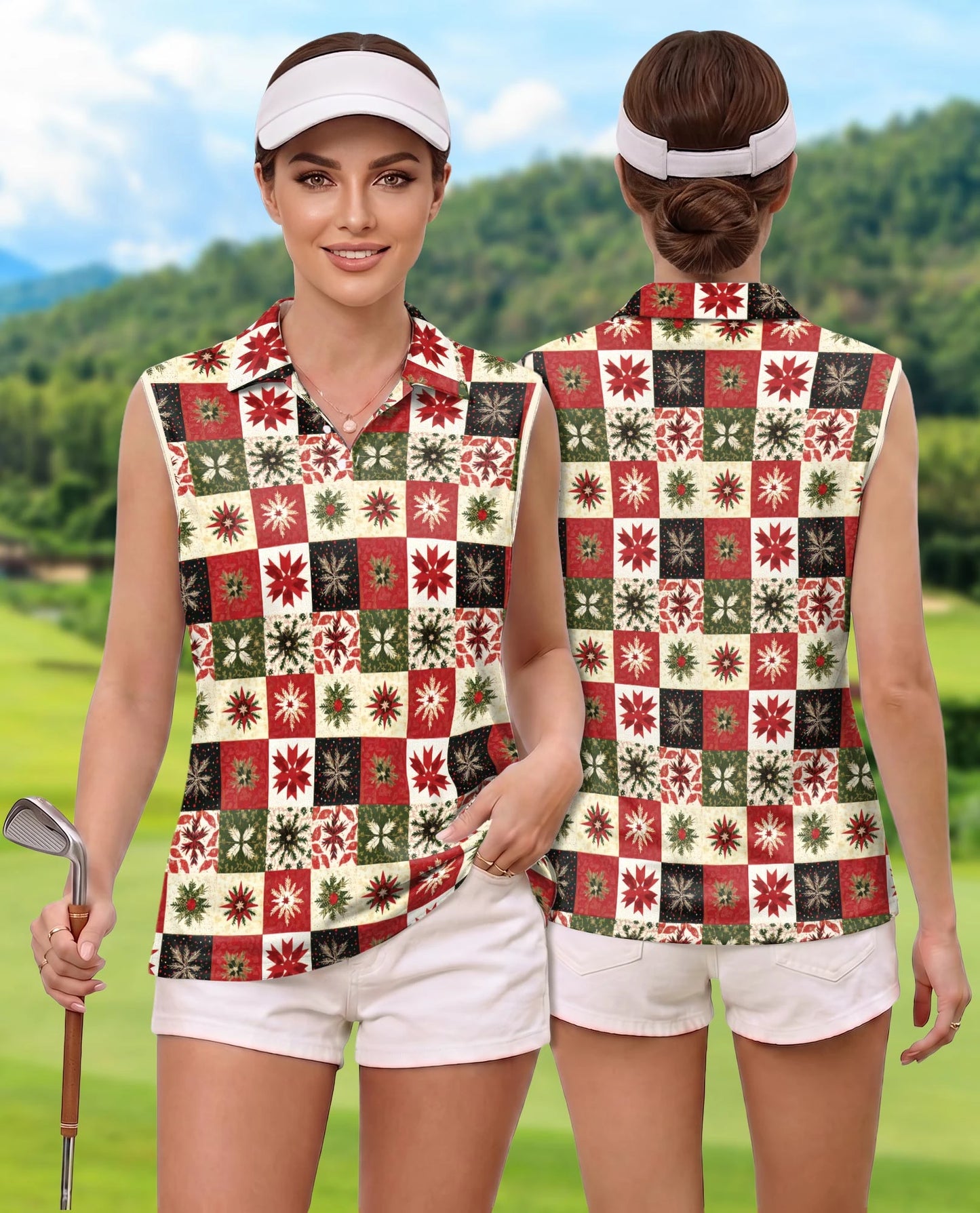 Christmas Quilt Pattern Sleeveless Polo Shirt for Women | Netecom