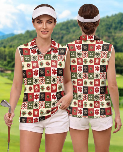 Christmas Quilt Pattern Sleeveless Polo Shirt for Women | Netecom
