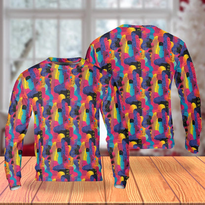 Colorful Memphis Pattern Sweatshirt, 3D All Over Print Retro Geometric Crewneck Pullover for Men Women, Memphis Design Lover Gift - Netecom