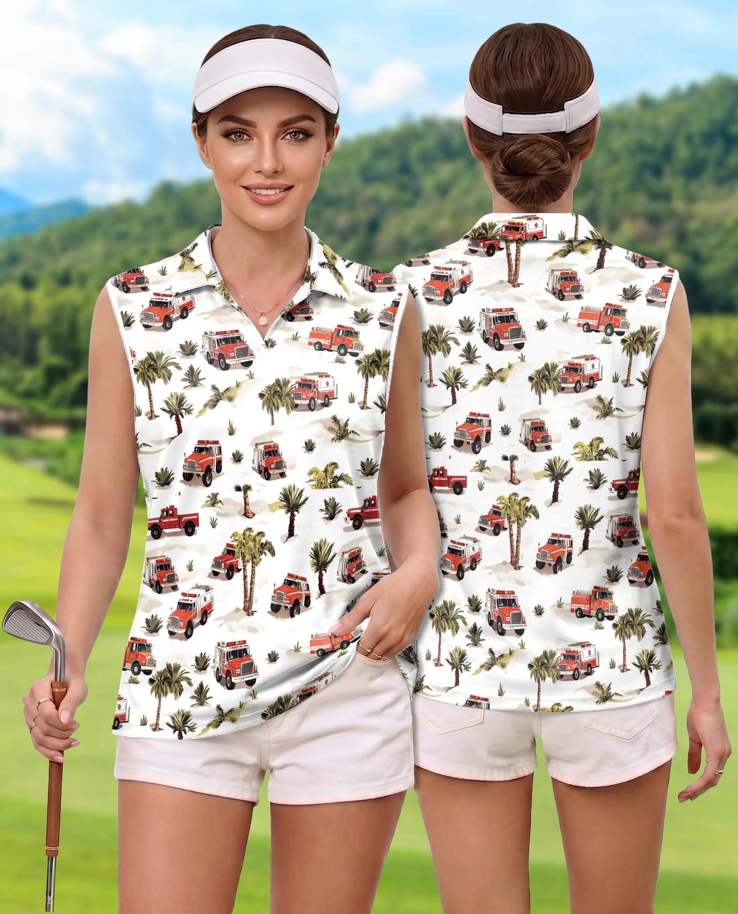 Fire Truck Firefighter Sleeveless Polo Shirt for Women | Netecom