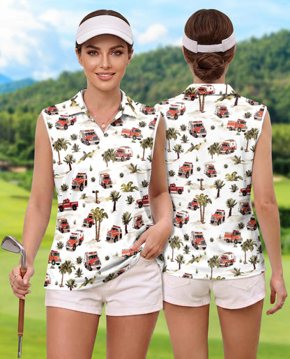 Fire Truck Firefighter Sleeveless Polo Shirt for Women | Netecom