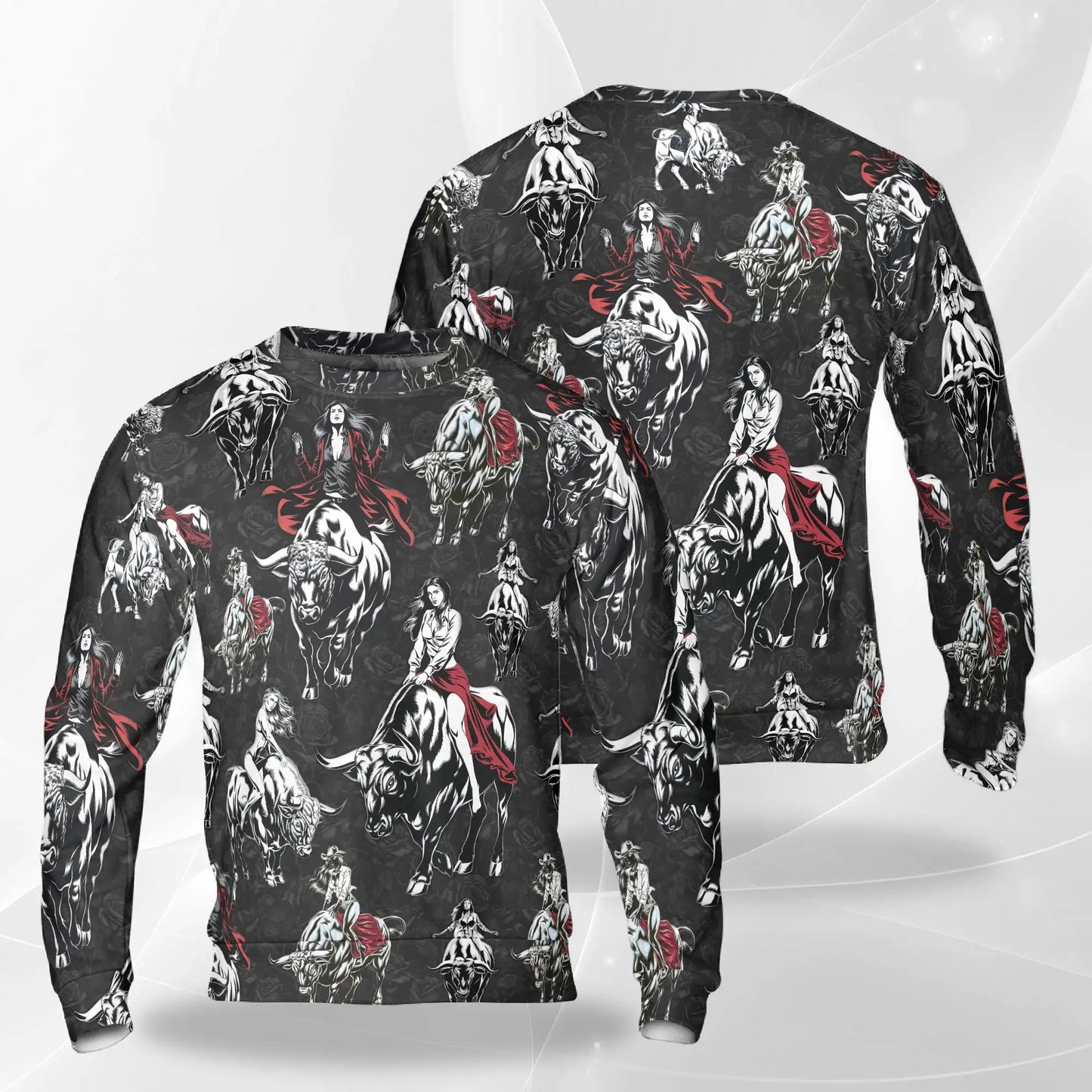 Girl Bull Rider All Over Print Sweatshirt, 3D All Over Print Western Rodeo Crewneck Pullover for Men Women, Cowgirl Gift - Netecom