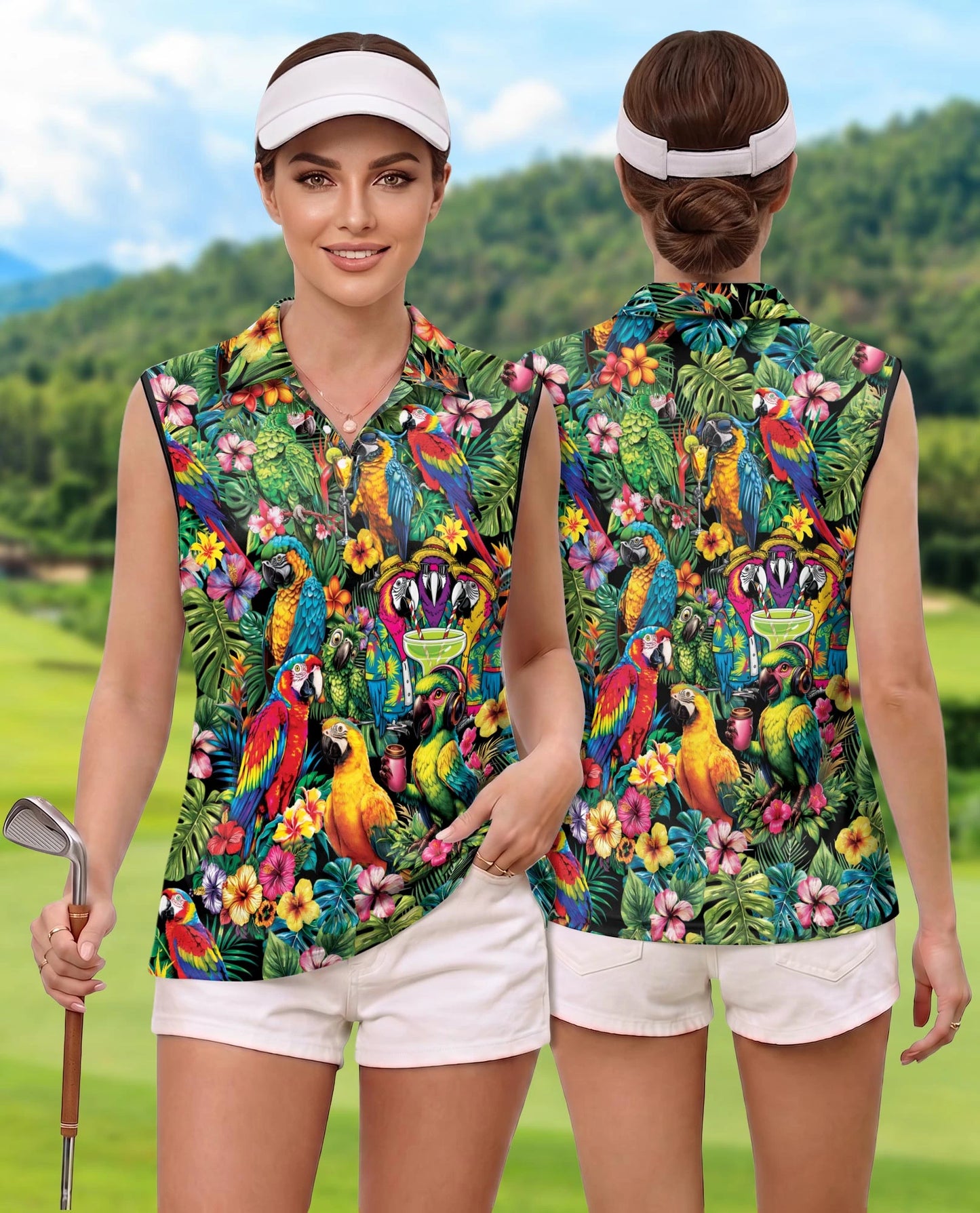 Funny Parrot Tropical Sleeveless Polo Shirt for Women | Netecom