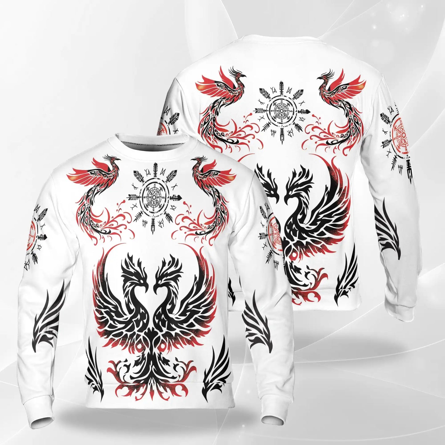 Viking Phoenix Sweatshirt, 3D All Over Print Norse Warrior Fire Bird Crewneck Pullover for Men Women, Viking Lover Gift - Netecom