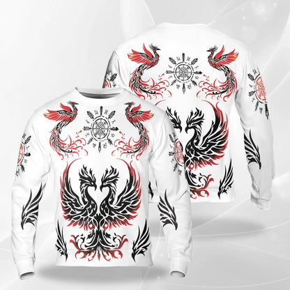 Viking Phoenix Sweatshirt, 3D All Over Print Norse Warrior Fire Bird Crewneck Pullover for Men Women, Viking Lover Gift - Netecom