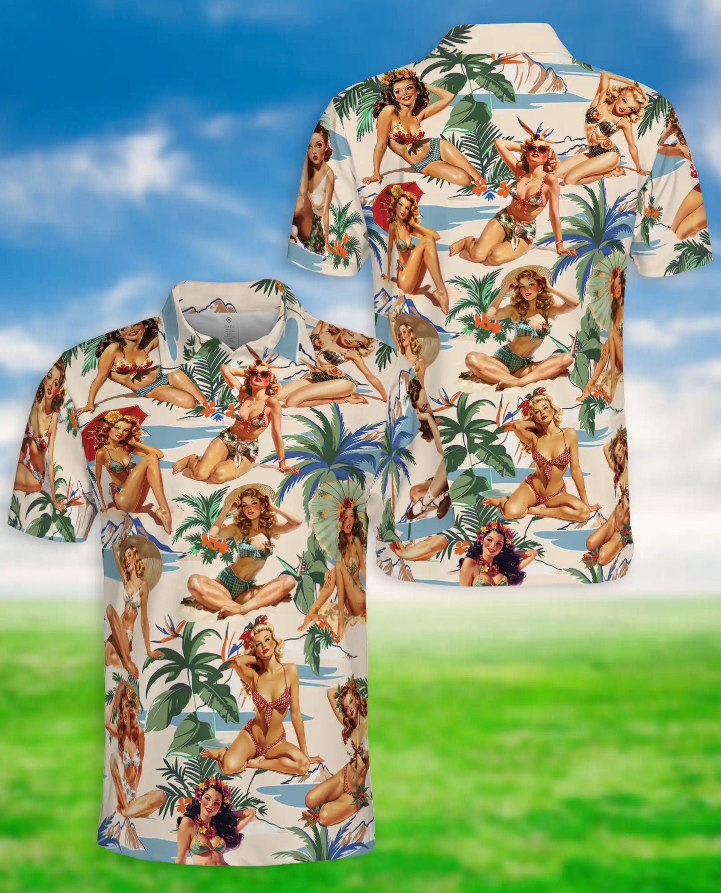 Tropical Pin Up Polo Shirt - Vintage Beach Babe Style | Netecom