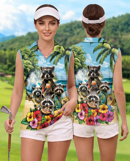 Funny Raccoon Sleeveless Polo Shirt for Women – Cute Wildlife Animal Style | Netecom