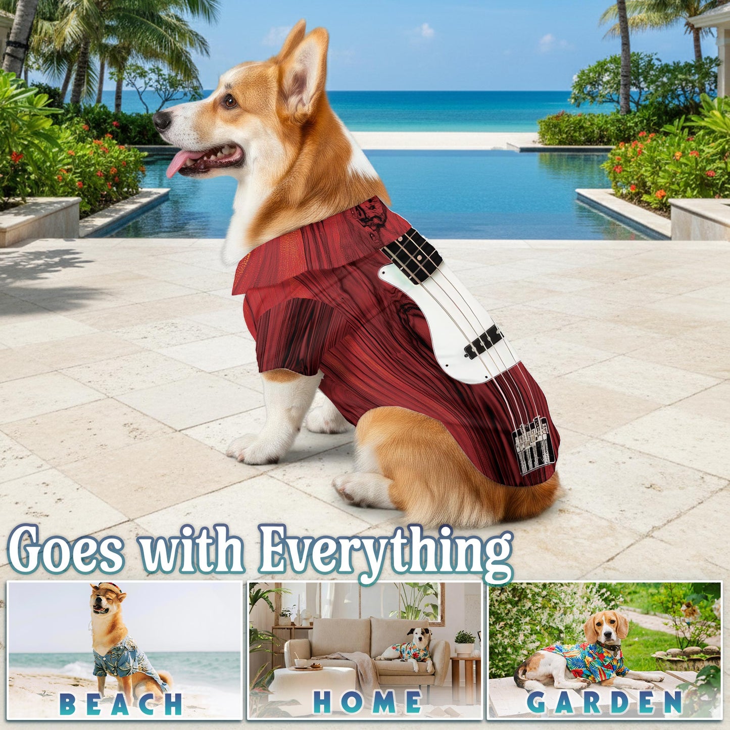 Netecom Matching Bass Guitar Hawaiian Shirt for Dog and Owner, Aloha Summer Shirt, Bass Guitar Print Button Down Outfit for Pet and Human, Beach Vacation Casual Wear