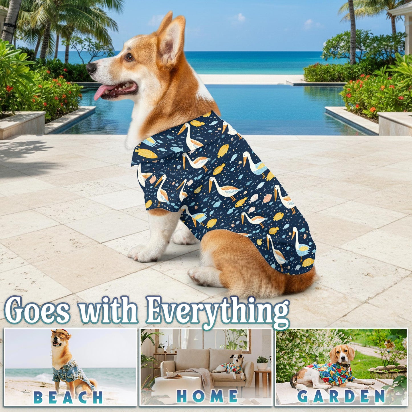 Netecom Matching Pelican Hawaiian Shirt for Dog and Owner, Aloha Summer Shirt, Pelican Print All Over Outfit for Pet and Human, Beach Vacation Casual Wear
