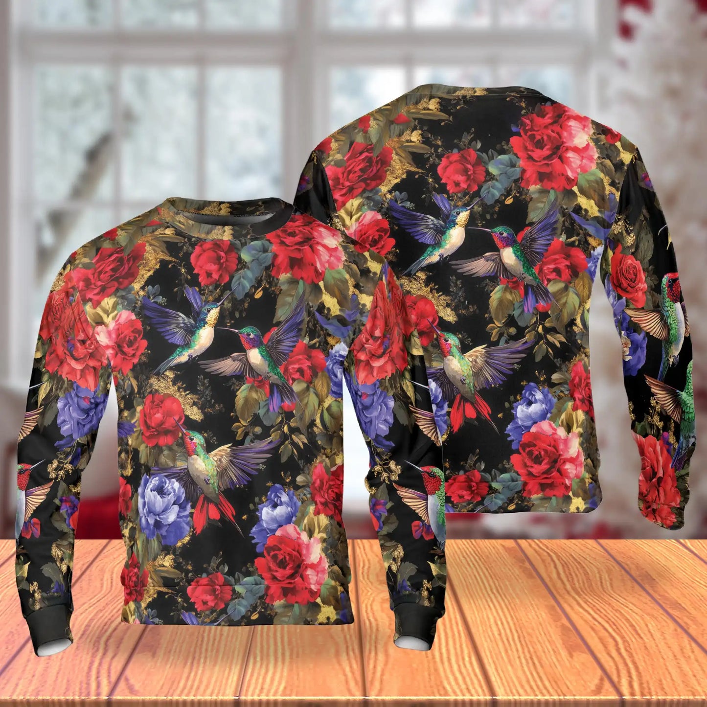 Hummingbird and Rose Floral Sweatshirt, 3D All Over Print Bird Flower Crewneck Pullover for Men Women, Hummingbird Lover Gift - Netecom