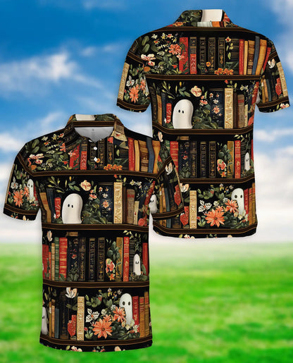 Ghost Library 3D Polo Shirt for Men – Vintage Floral Bookcase Style | Netecom