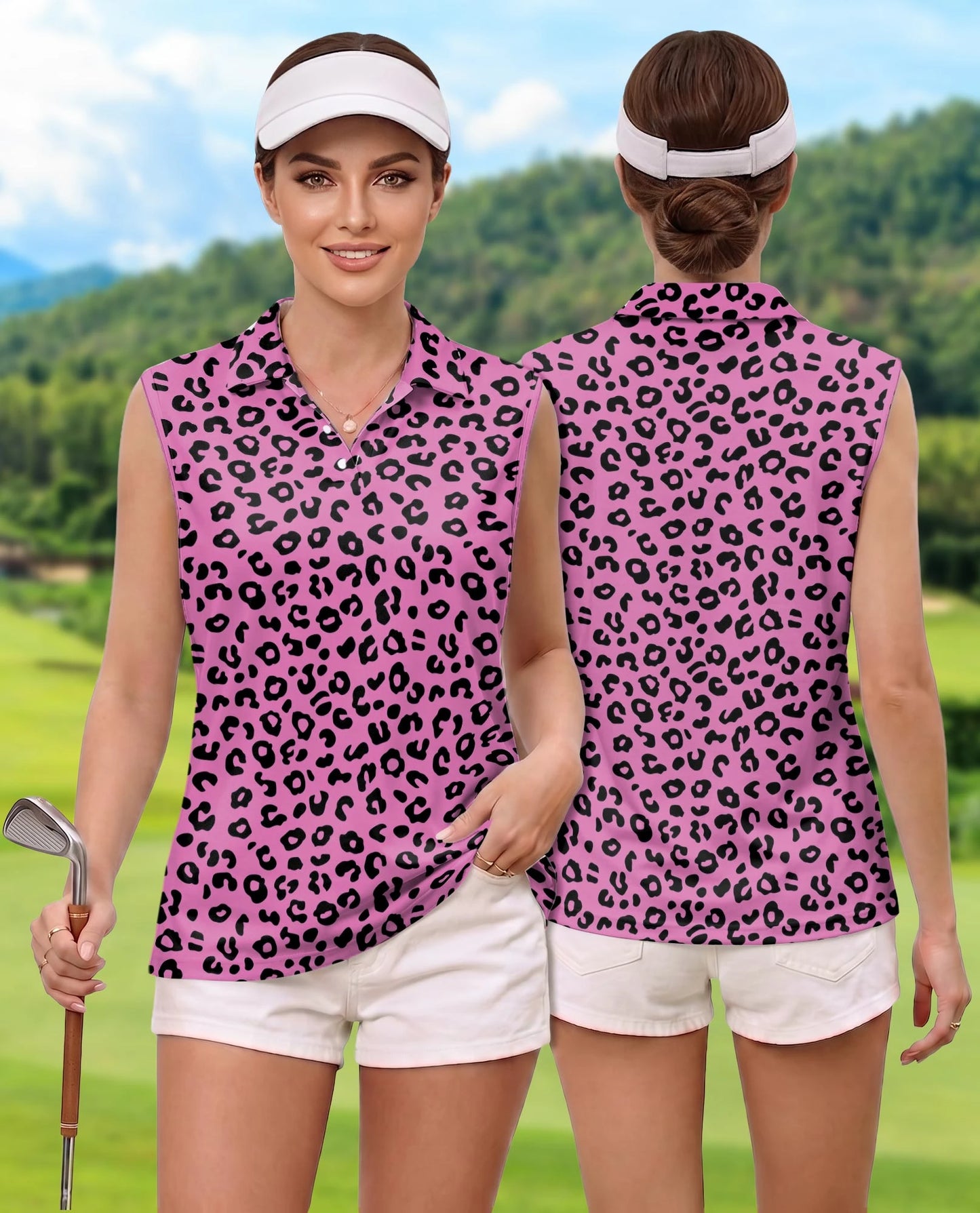 Pink Leopard Print Sleeveless Polo Shirt for Women – Wild Fashion Style | Netecom