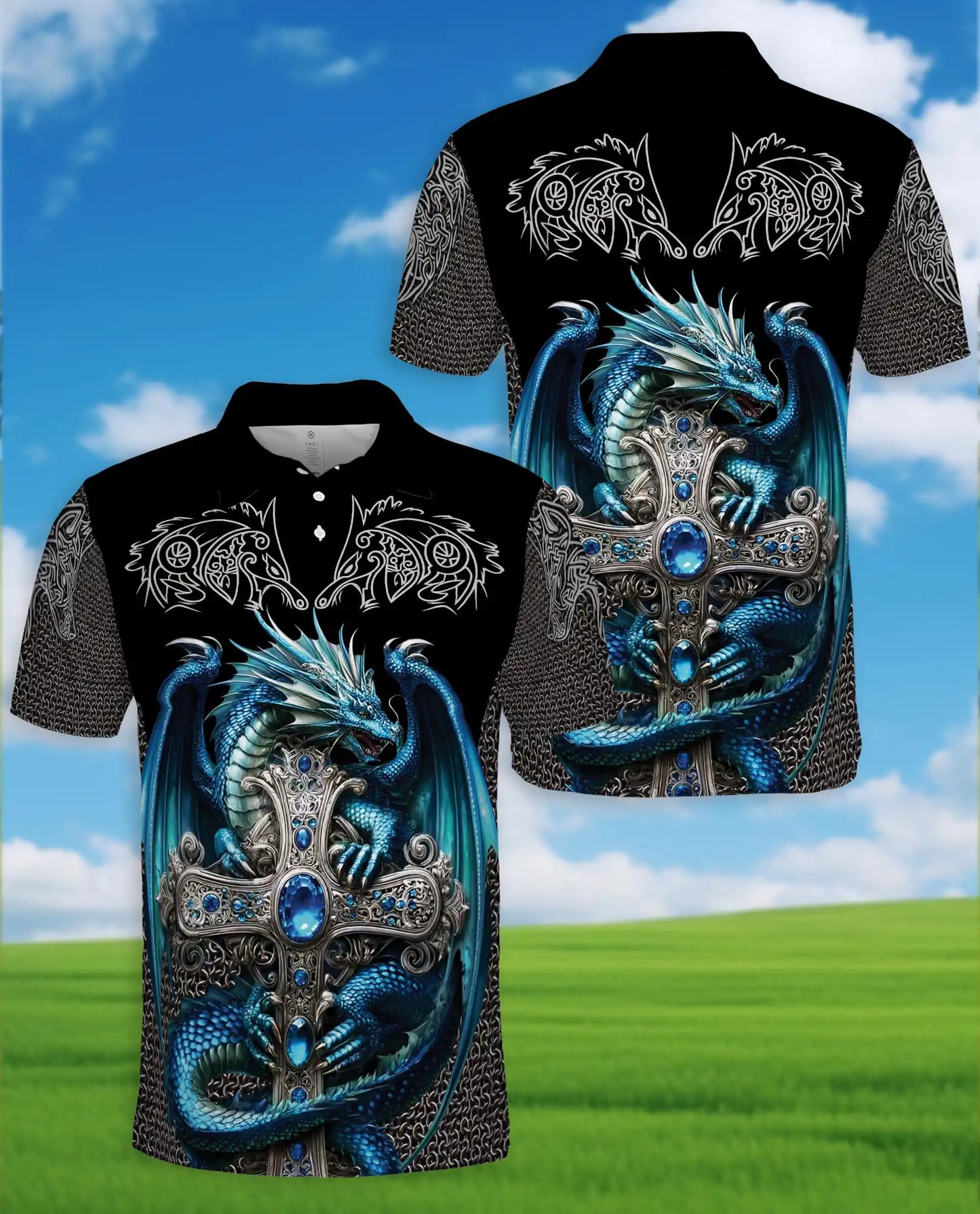 Blue Dragon Cross Polo Shirt for Men - Fantasy Medieval Dragon | Netecom