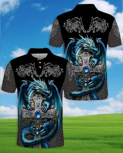 Blue Dragon Cross Polo Shirt for Men - Fantasy Medieval Dragon | Netecom