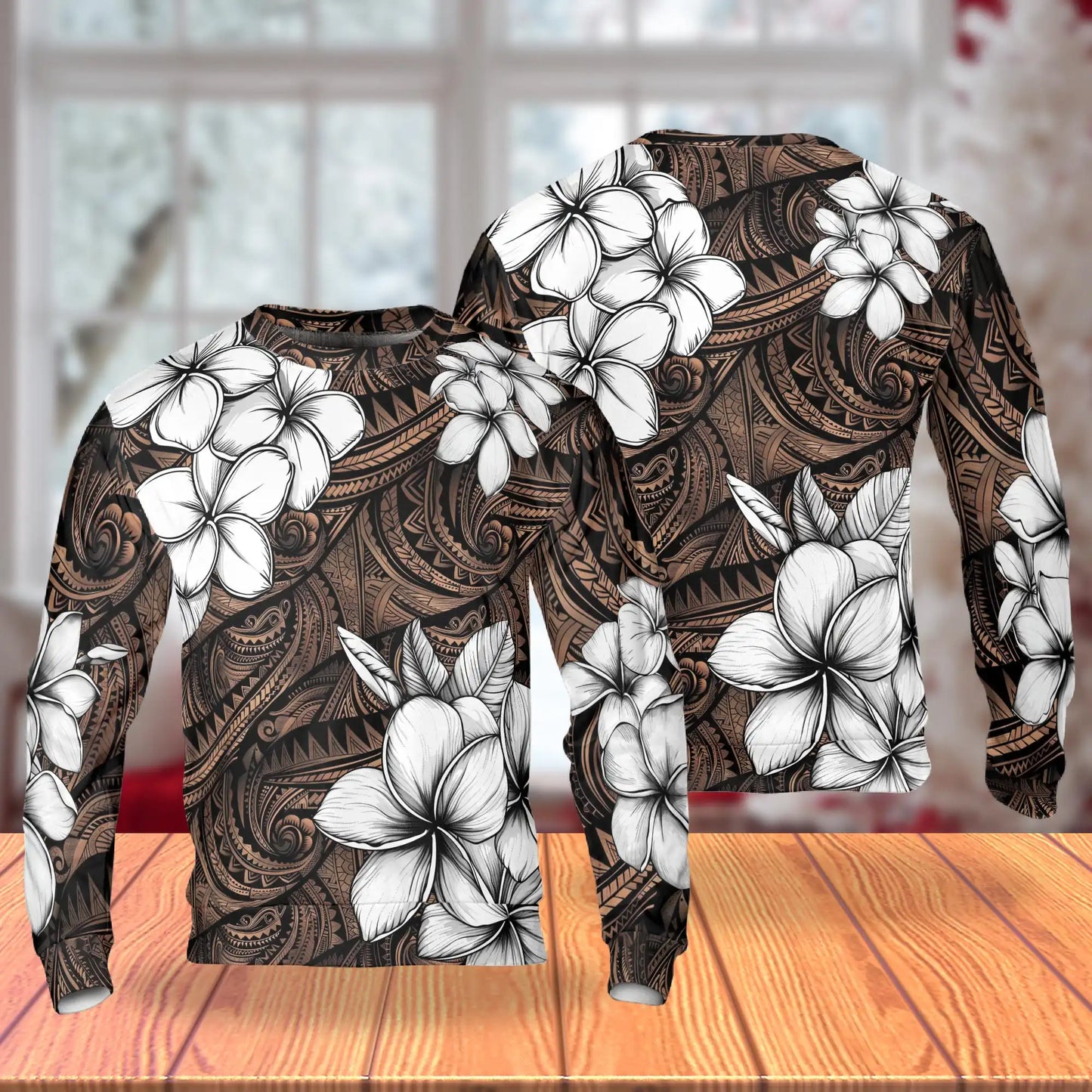 Hibiscus Tribal Floral Brown Sweatshirt, 3D All Over Print Polynesian Tropical Crewneck Pullover for Men Women, Hibiscus Lover Gift - Netecom