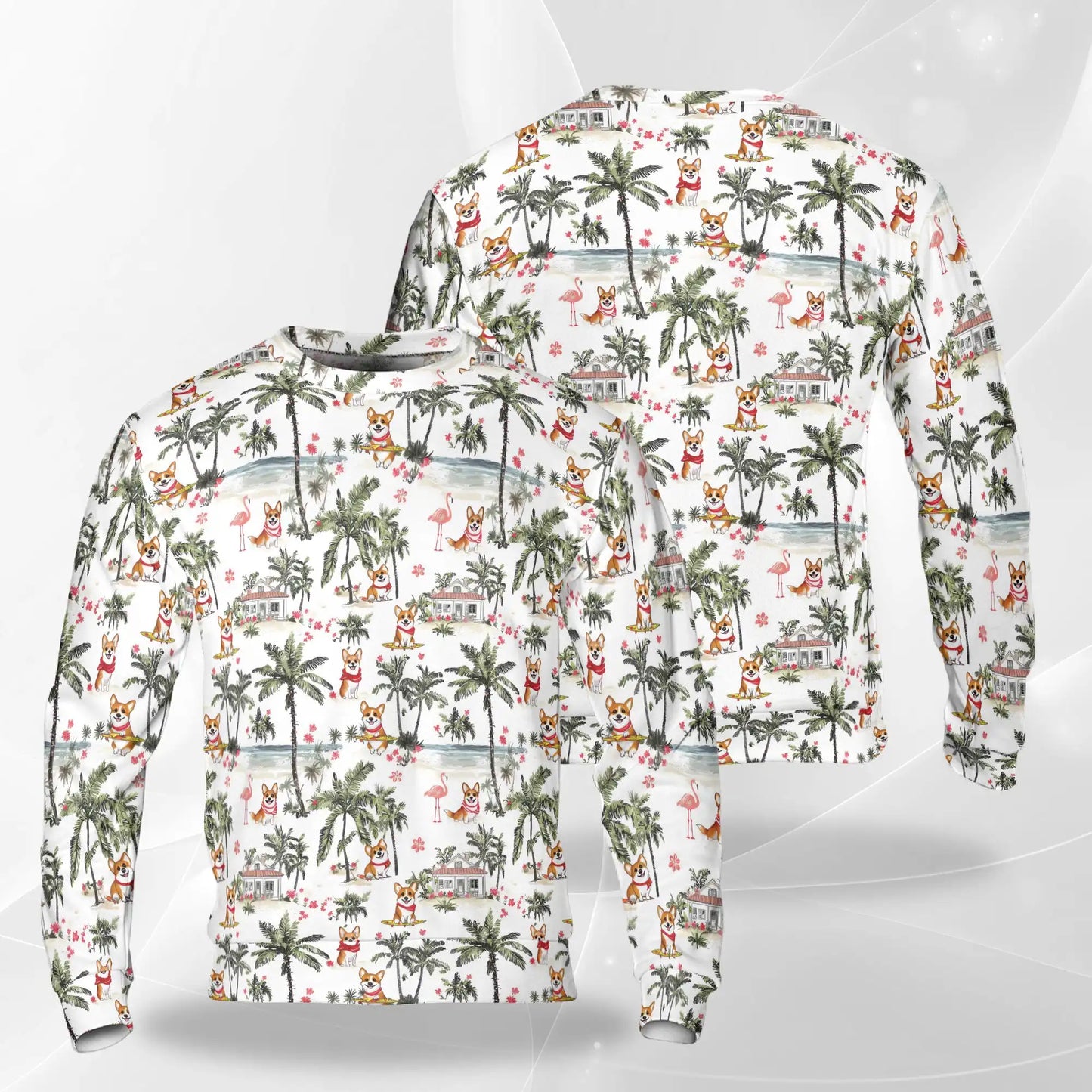 Cute Corgi Palm Trees Tropical Pattern Sweatshirt, 3D All Over Print Beach Dog Crewneck Pullover for Men Women, Corgi Lover Gift - Netecom