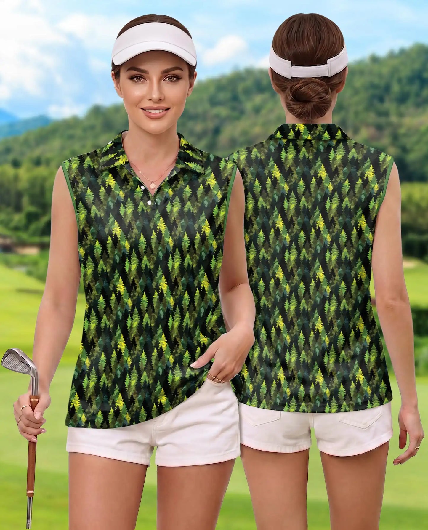 Pine Tree Pattern Sleeveless Polo Shirt for Women – Nature Outdoor Style | Netecom